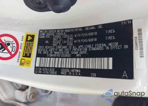 2015 Toyota Highlander Xle V6 из США, поврежденный, VIN 5TDKKRFH5FS058695